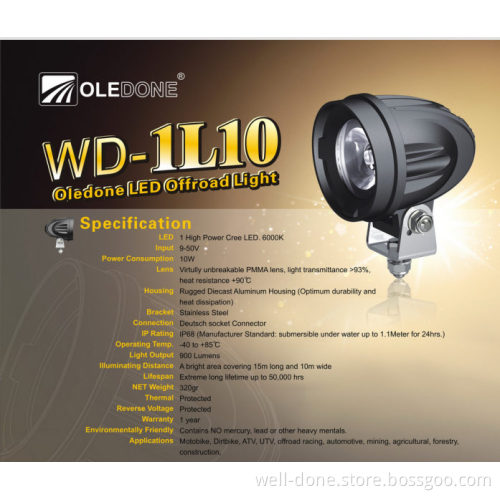 10W IP68 Bright CREE LED Driving Light for Motorcyle Wd-1L10